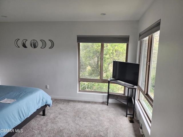 bedroom with light carpet