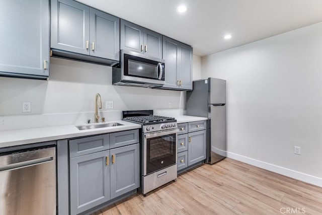 kitchen featuring appliances with stainless steel finishes, light hardwood / wood-style floors, gray cabinets, and sink