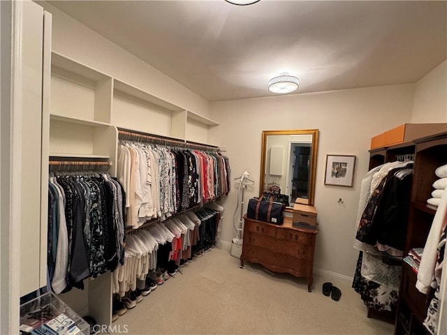 walk in closet featuring light carpet