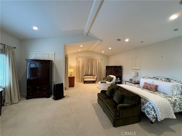 carpeted bedroom featuring vaulted ceiling with beams