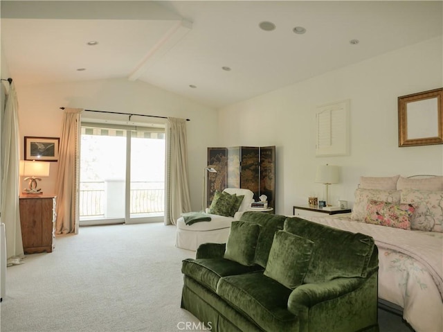 bedroom with access to exterior, light colored carpet, and lofted ceiling with beams