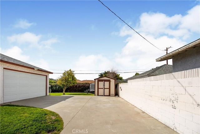 exterior space with a storage shed