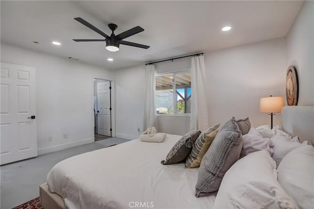 bedroom with concrete flooring and ceiling fan