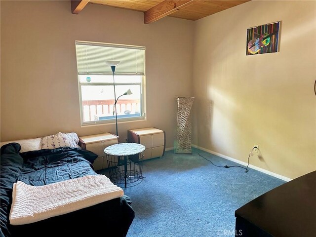 2005 Zermatt Dr, Pine Mountain Club, CA 93222 - carpeted bedroom with a wood ceiling with exposed beams and baseboards
