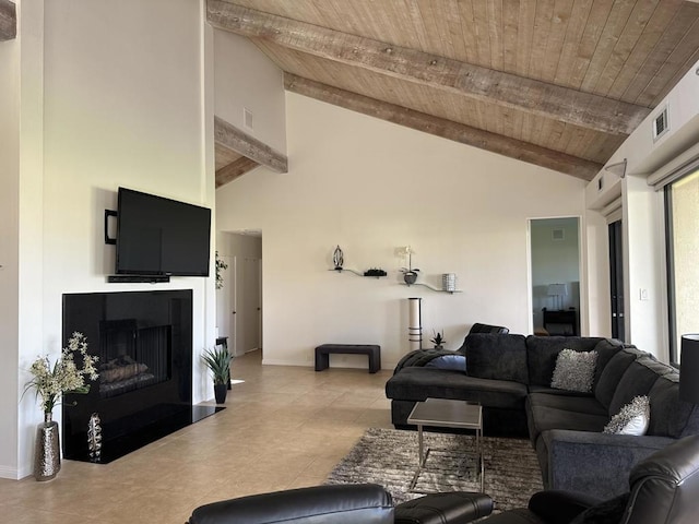 living room featuring wooden ceiling, beam ceiling, and high vaulted ceiling