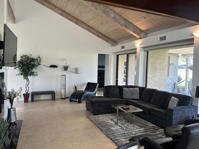 living room featuring light tile patterned floors, wood ceiling, and lofted ceiling with beams