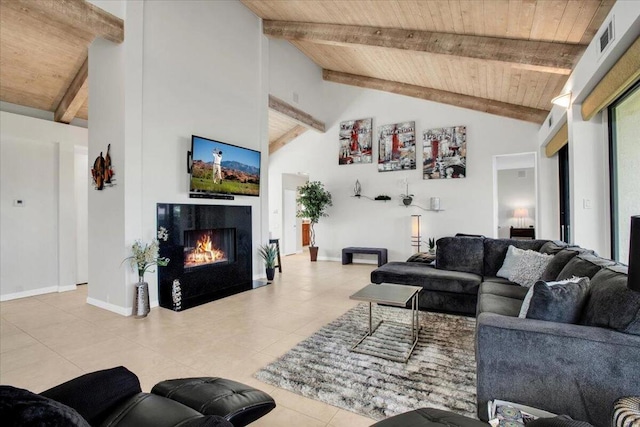 tiled living room with high vaulted ceiling, wooden ceiling, and beam ceiling