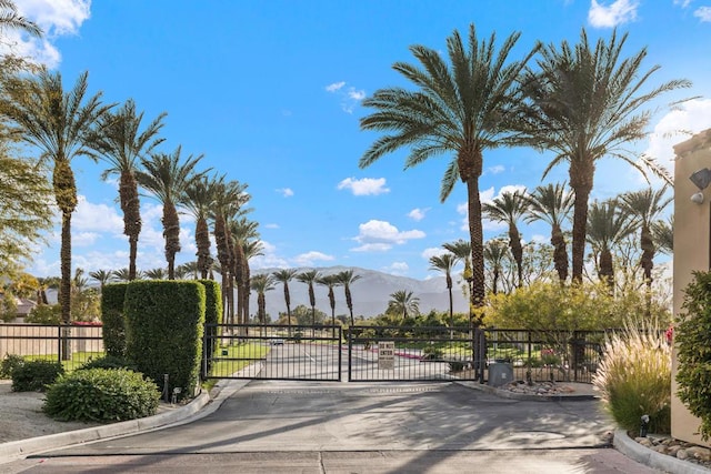 view of gate featuring a mountain view