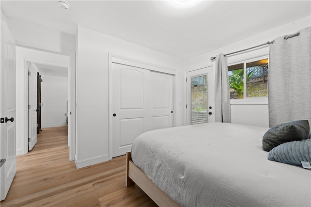 bedroom with access to outside, light hardwood / wood-style flooring, and a closet