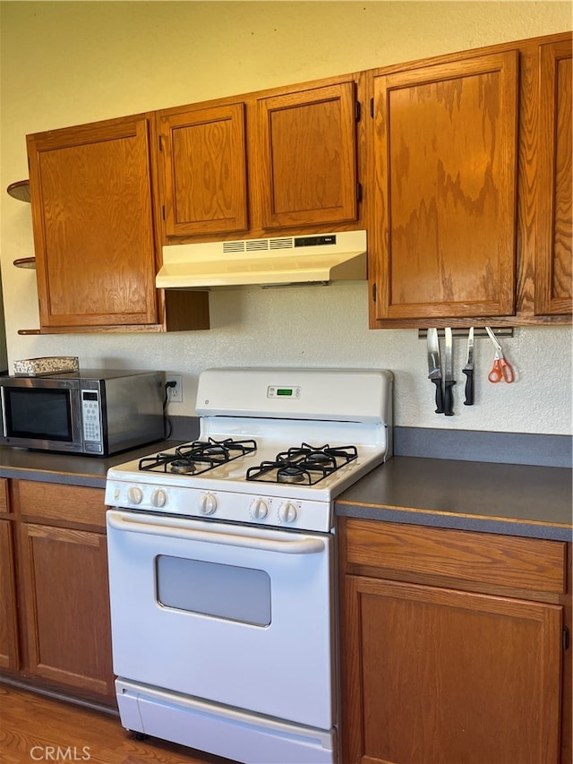 kitchen featuring white gas range oven and dark wood-type flooring