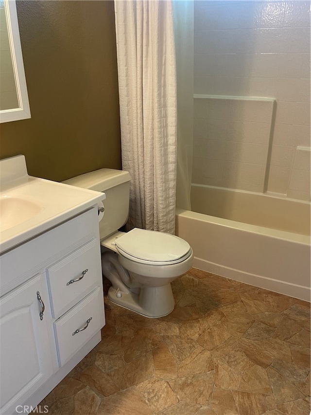 full bathroom with vanity, toilet, and shower / bathtub combination with curtain