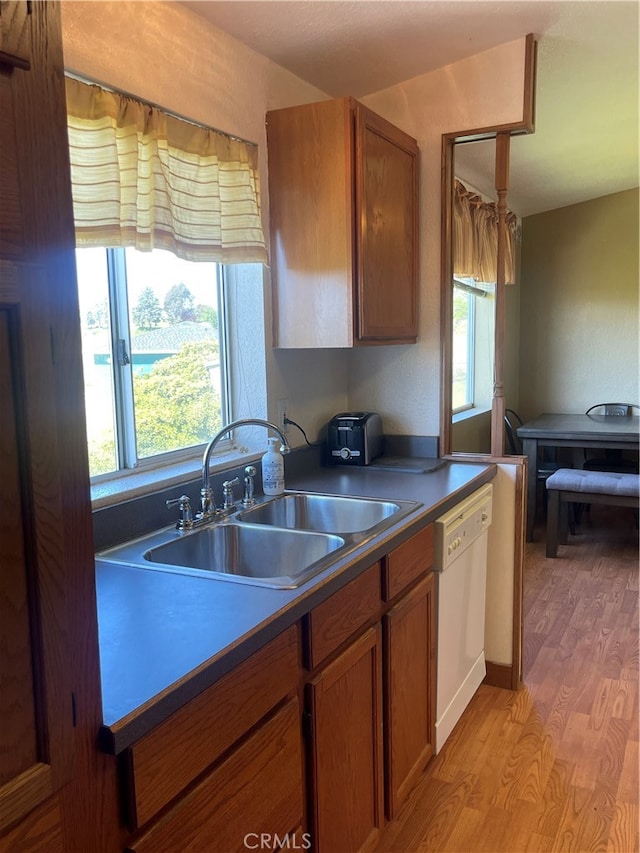 kitchen featuring white dishwasher, light wood-type flooring, and sink