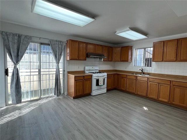 kitchen featuring plenty of natural light, sink, light wood-type flooring, and white gas range oven