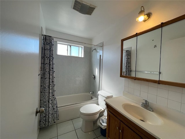 full bathroom featuring tile patterned floors, toilet, vanity, shower / bath combination with curtain, and decorative backsplash