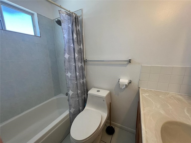 full bathroom with shower / bathtub combination with curtain, vanity, and toilet