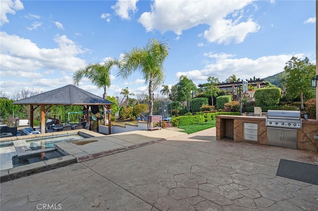 view of home's community with a swimming pool, a patio area, area for grilling, and a gazebo