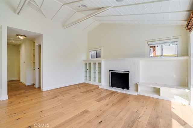 unfurnished living room featuring a fireplace, hardwood / wood-style floors, beam ceiling, and wood ceiling