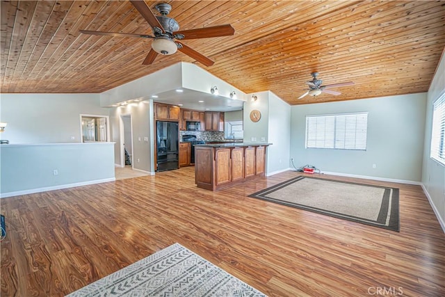 unfurnished living room with light hardwood / wood-style floors, lofted ceiling, and wood ceiling