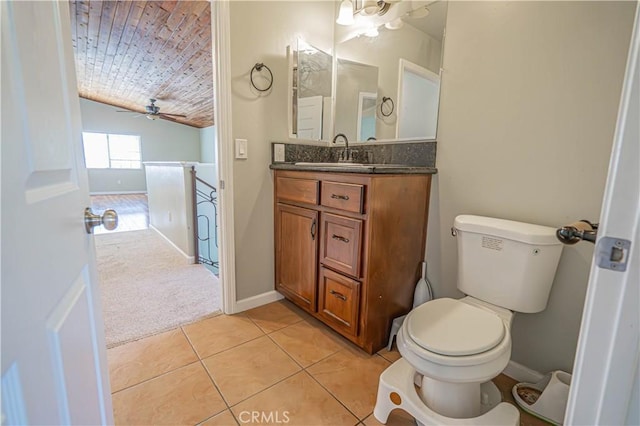 bathroom with tile patterned floors, vanity, ceiling fan, toilet, and lofted ceiling