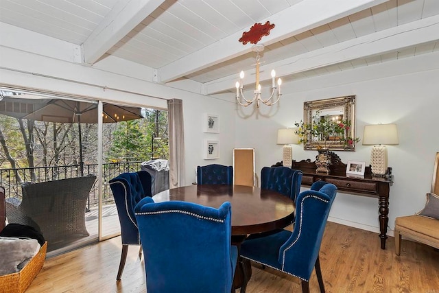 dining space with a notable chandelier, wood ceiling, beamed ceiling, and hardwood / wood-style flooring