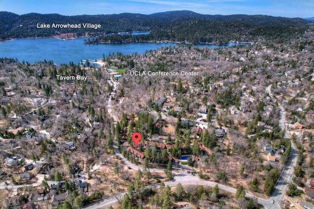 birds eye view of property featuring a water and mountain view