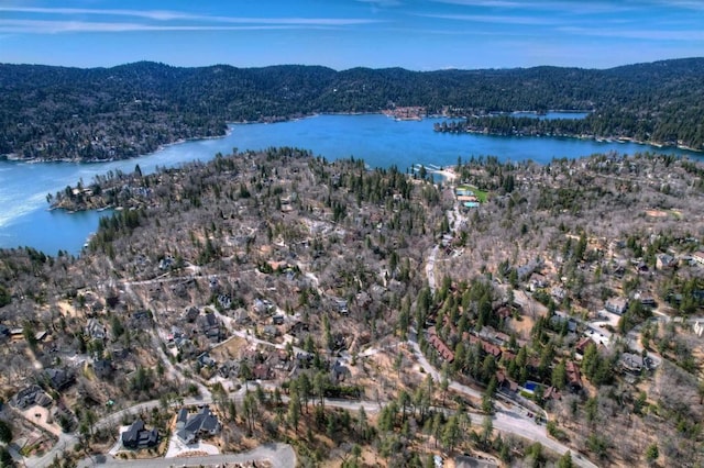 drone / aerial view with a water and mountain view