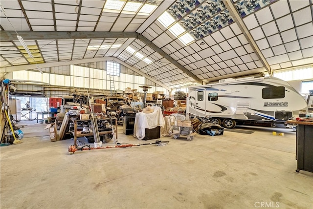 garage with a workshop area