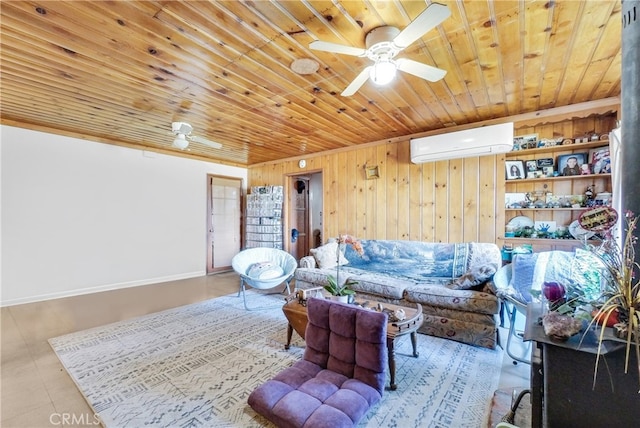 tiled living room with wood ceiling, wooden walls, an AC wall unit, and ceiling fan