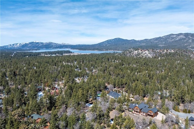 bird's eye view with a water and mountain view