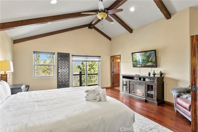 bedroom with ceiling fan, access to exterior, dark hardwood / wood-style flooring, and lofted ceiling with beams