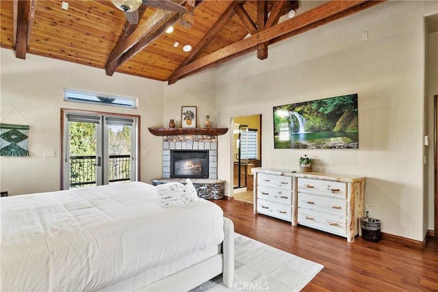 bedroom with wooden ceiling, access to outside, dark wood-type flooring, a fireplace, and beam ceiling