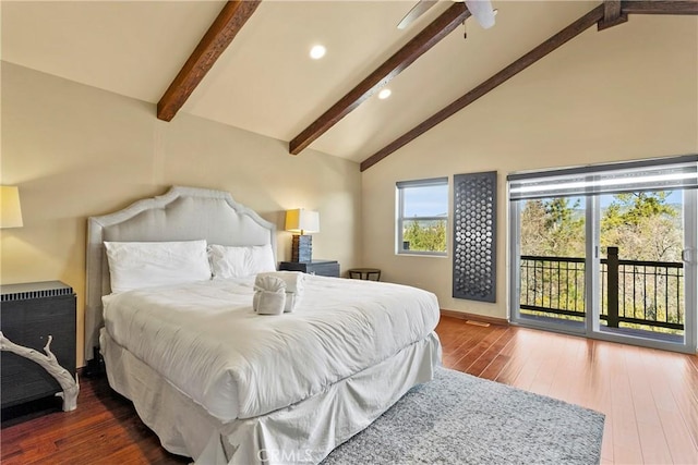 bedroom featuring ceiling fan, dark wood-type flooring, access to exterior, high vaulted ceiling, and beam ceiling