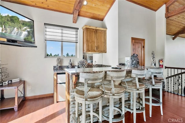 kitchen featuring kitchen peninsula, dark hardwood / wood-style flooring, and wooden ceiling