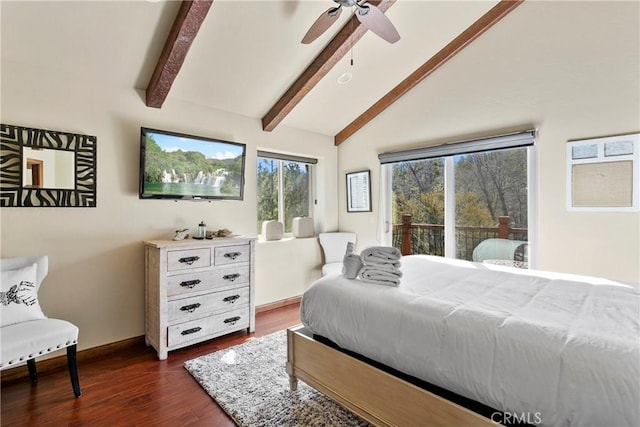 bedroom with dark wood-type flooring, ceiling fan, access to outside, and lofted ceiling with beams