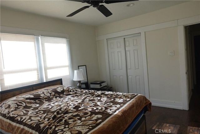 bedroom with ceiling fan, a closet, and dark wood-type flooring