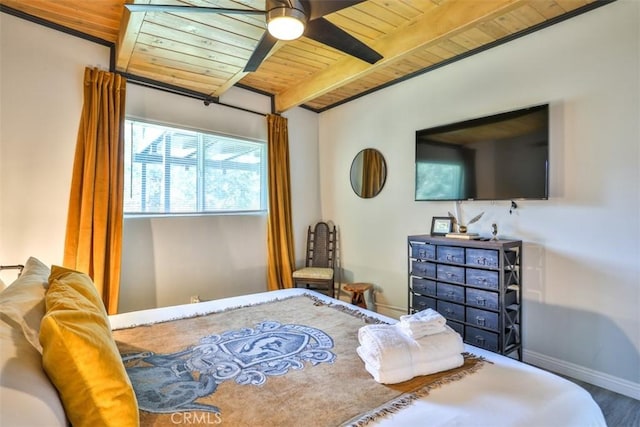 bedroom with ceiling fan, beam ceiling, wood-type flooring, and wooden ceiling