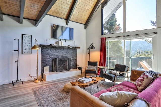 living room with wooden ceiling, wood-type flooring, beam ceiling, and a fireplace