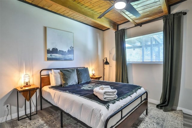 bedroom with ceiling fan, wood ceiling, beamed ceiling, and hardwood / wood-style flooring