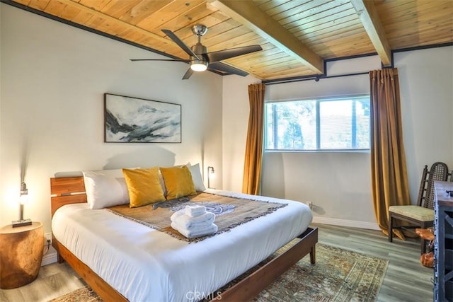 bedroom featuring ceiling fan, wood ceiling, beamed ceiling, and hardwood / wood-style flooring