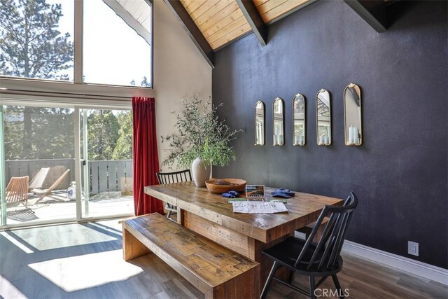 dining space with lofted ceiling with beams, dark hardwood / wood-style floors, and wooden ceiling