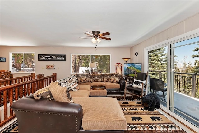 living room featuring ceiling fan