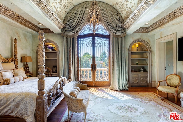 bedroom with access to outside, french doors, ornamental molding, and hardwood / wood-style flooring