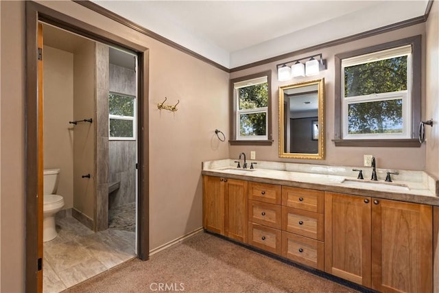 full bath featuring double vanity, toilet, baseboards, and a sink