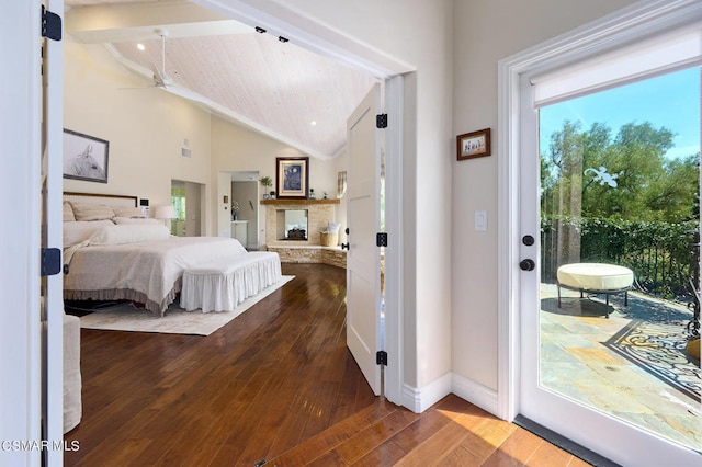 bedroom with hardwood / wood-style flooring, wood ceiling, access to outside, and high vaulted ceiling