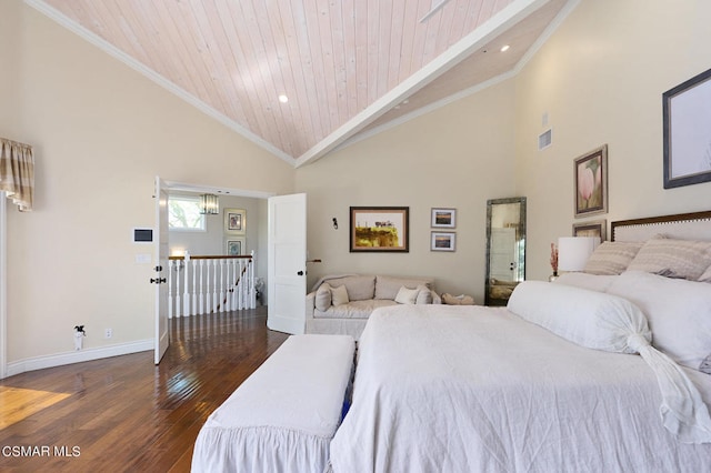 bedroom with dark wood-type flooring, high vaulted ceiling, wood ceiling, and ornamental molding