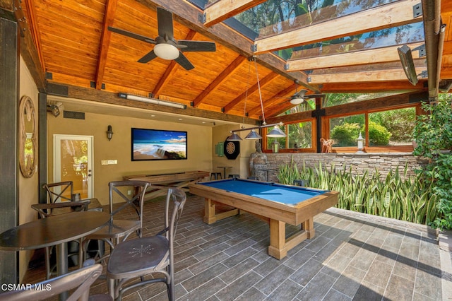 rec room with vaulted ceiling with beams, ceiling fan, wooden ceiling, and pool table