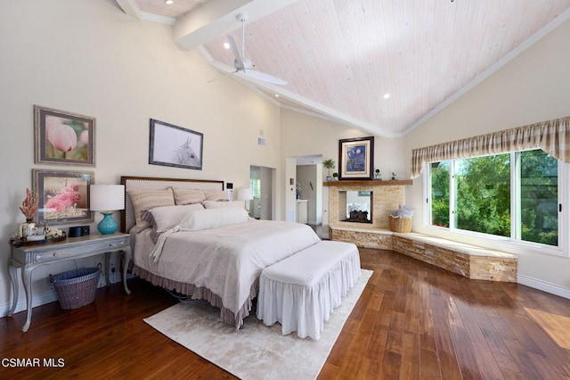 bedroom featuring hardwood / wood-style floors, ceiling fan, wooden ceiling, and high vaulted ceiling