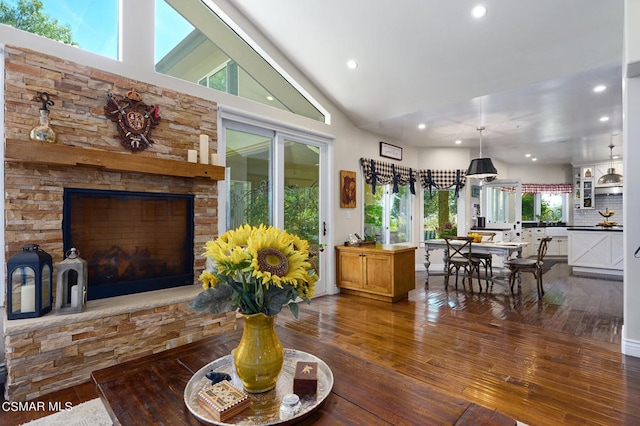 dining area featuring high vaulted ceiling and wood-type flooring