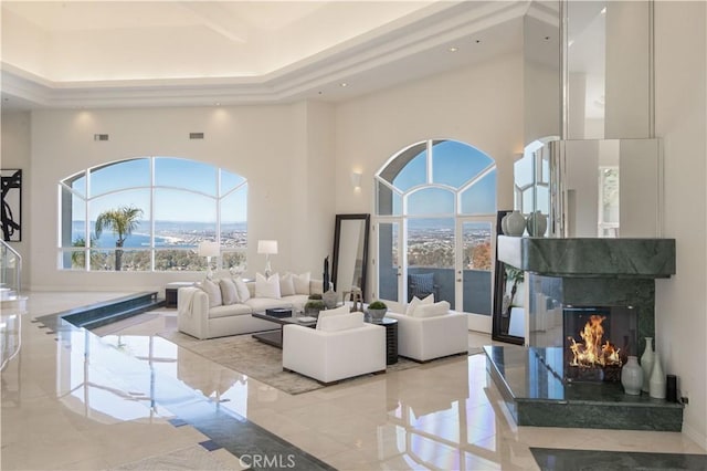 702 Via La Cuesta, Palos Verdes Estates, CA 90274 - living area with a fireplace, a towering ceiling, and recessed lighting