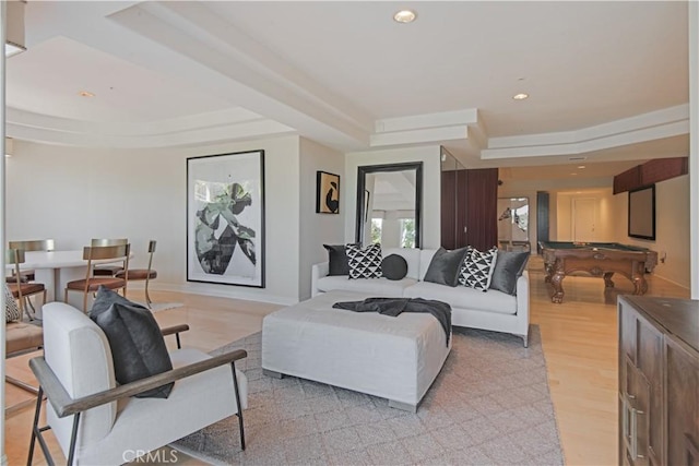 702 Via La Cuesta, Palos Verdes Estates, CA 90274 - living area with a raised ceiling, pool table, light wood finished floors, recessed lighting, and baseboards